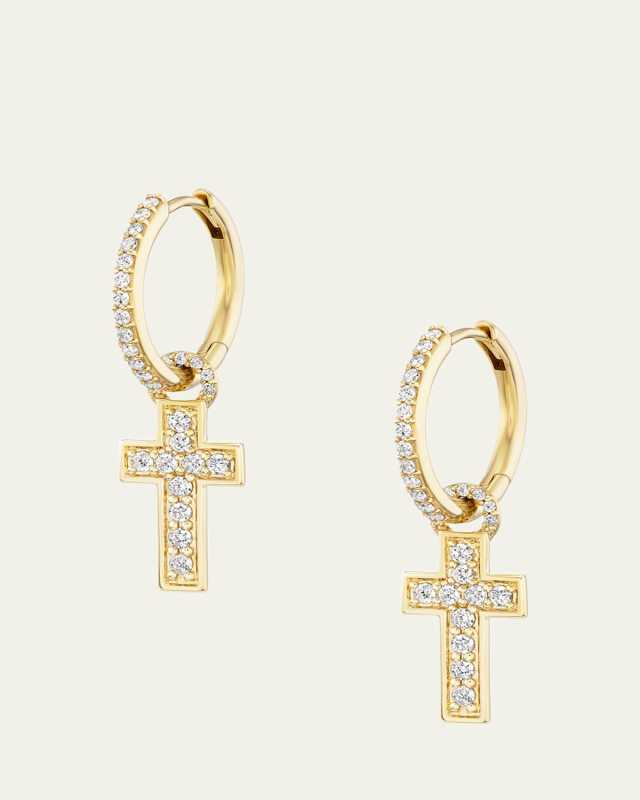 14K Yellow Gold Diamond Cross Charm Huggie Earrings